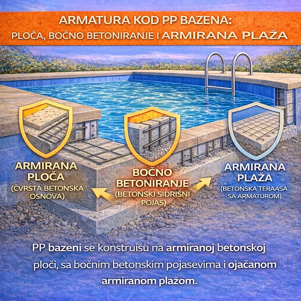 Armatura kod PP bazena: ploča, bočno betoniranje i armirana plaža