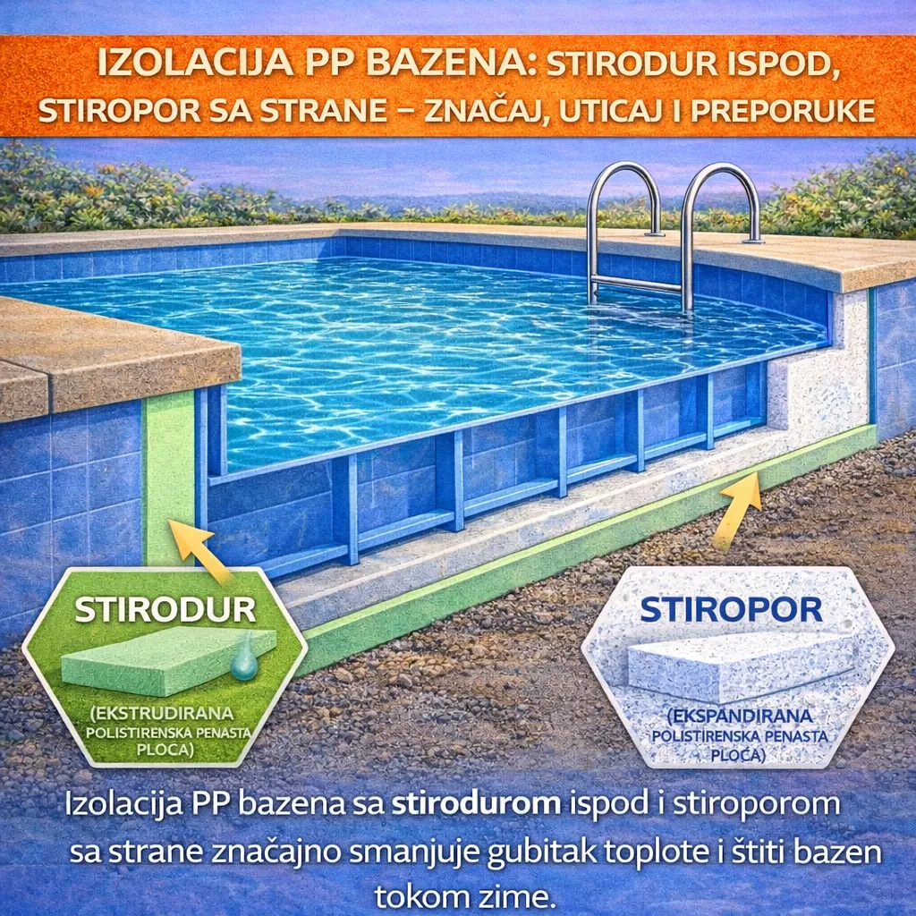 Izolacija PP bazena: stirodur ispod, stiropor sa strane – značaj, uticaj i preporuke